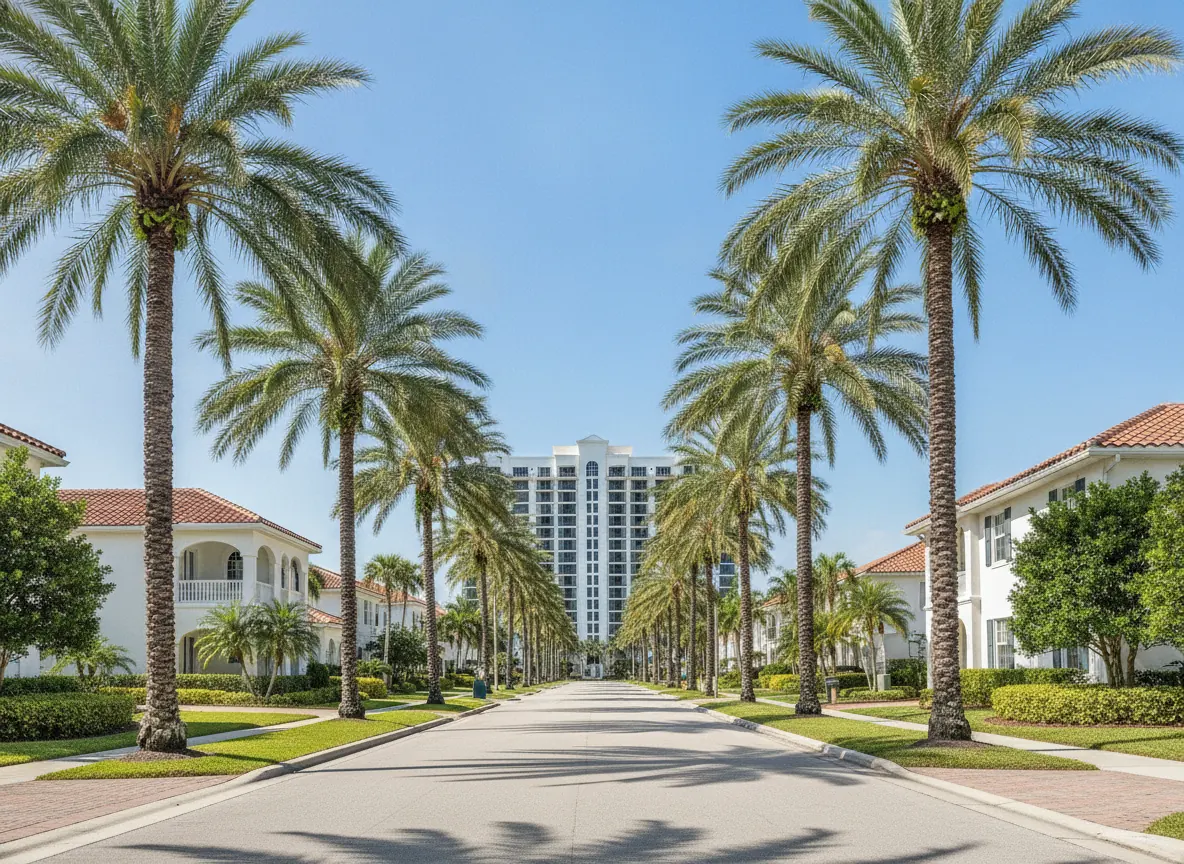 Illustration of a Naples, FL street with palm trees, stucco homes and a condo building