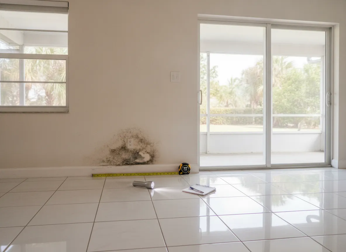 Illustration of a tape measure stretched across a patch of mold on drywall below a window in a Naples, FL home with tile floors.