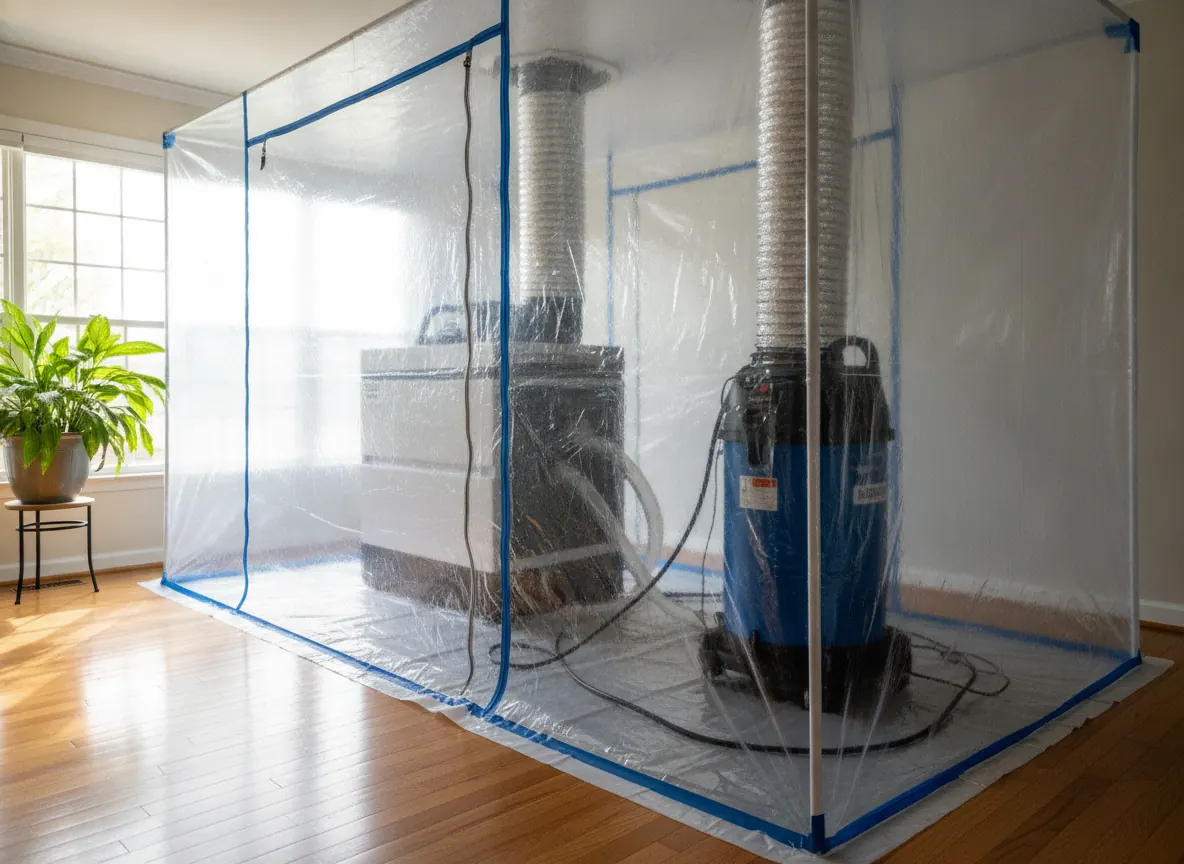 Dehumidifier and air scrubber running inside plastic containment (illustration)