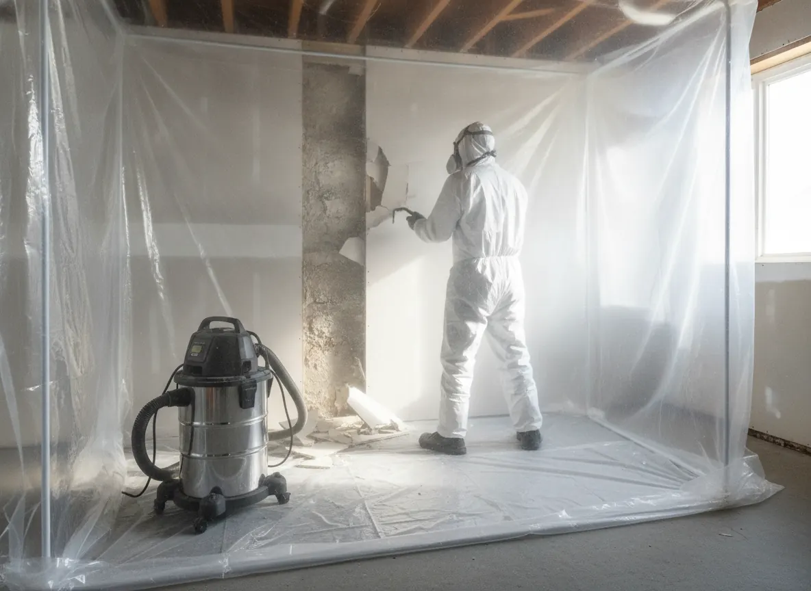 Worker in coveralls removing moldy drywall inside plastic containment (illustration)