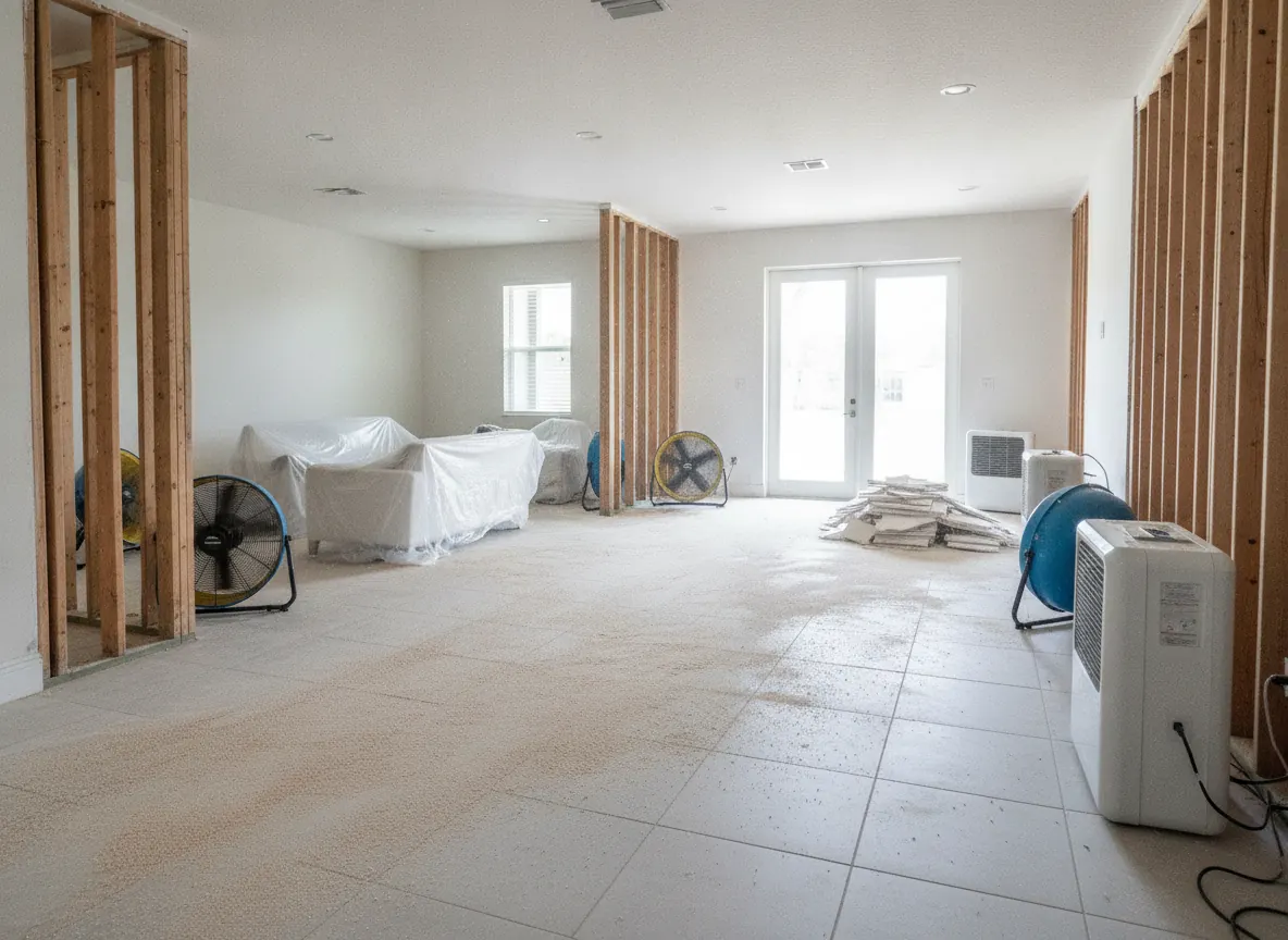 Lower drywall cut out after storm surge with drying fans running (illustration)
